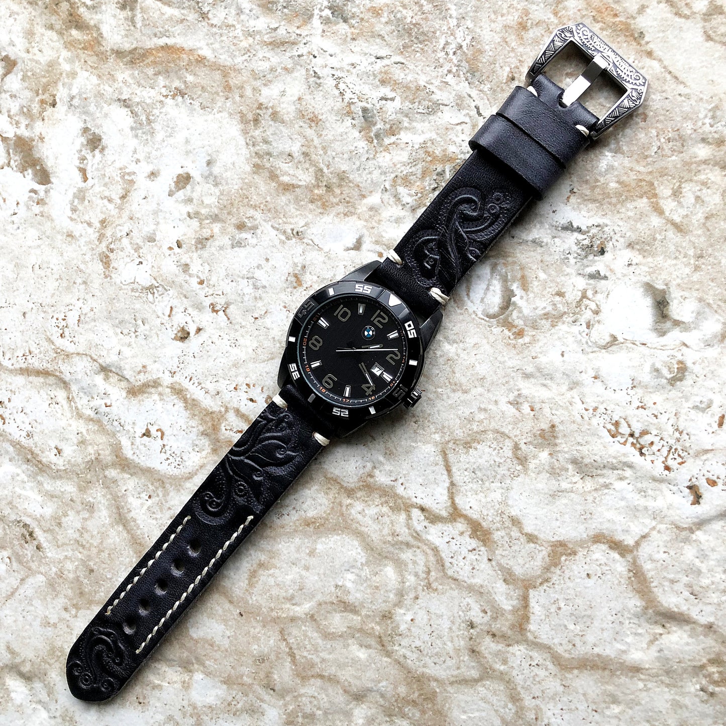 Garmin Black and Gray Band for Approach S12 S40 S42 CT10 Bundle Tooled Embossed Engraved Handmade Leather Bracelet Pins Buckle Tool B20