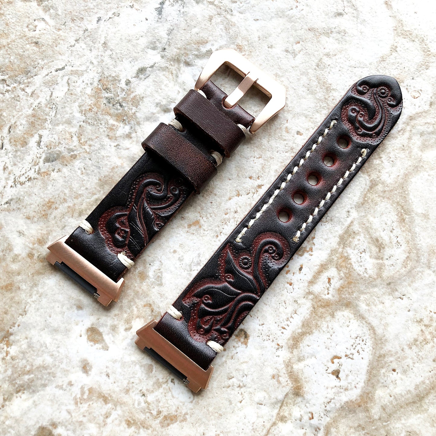 Fitbit Ionic Dark Brown Tooled Embossed Handmade Leather Bracelet for Watch Band Strap with Quick Release Adapters Silver Rose Gold Black