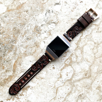 Fitbit Ionic Dark Brown Tooled Embossed Handmade Leather Bracelet for Watch Band Strap with Quick Release Adapters Silver Rose Gold Black