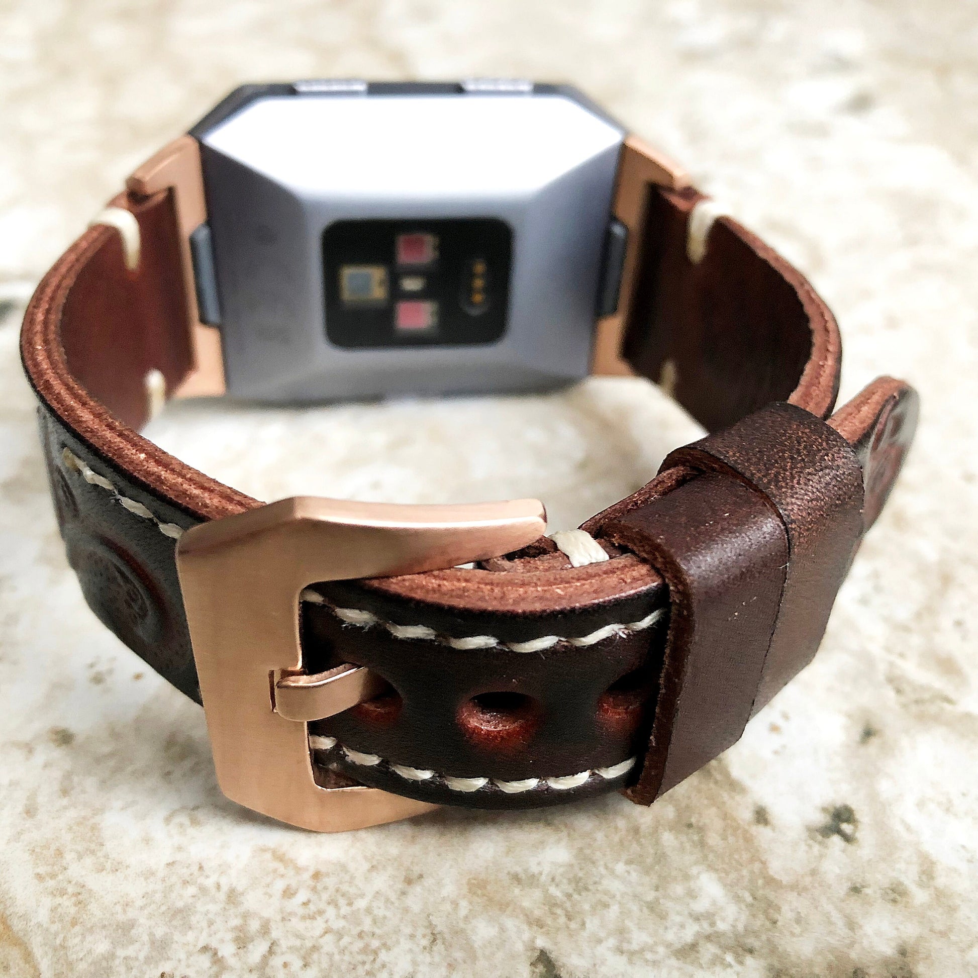 Fitbit Ionic Dark Brown Tooled Embossed Handmade Leather Bracelet for Watch Band Strap with Quick Release Adapters Silver Rose Gold Black