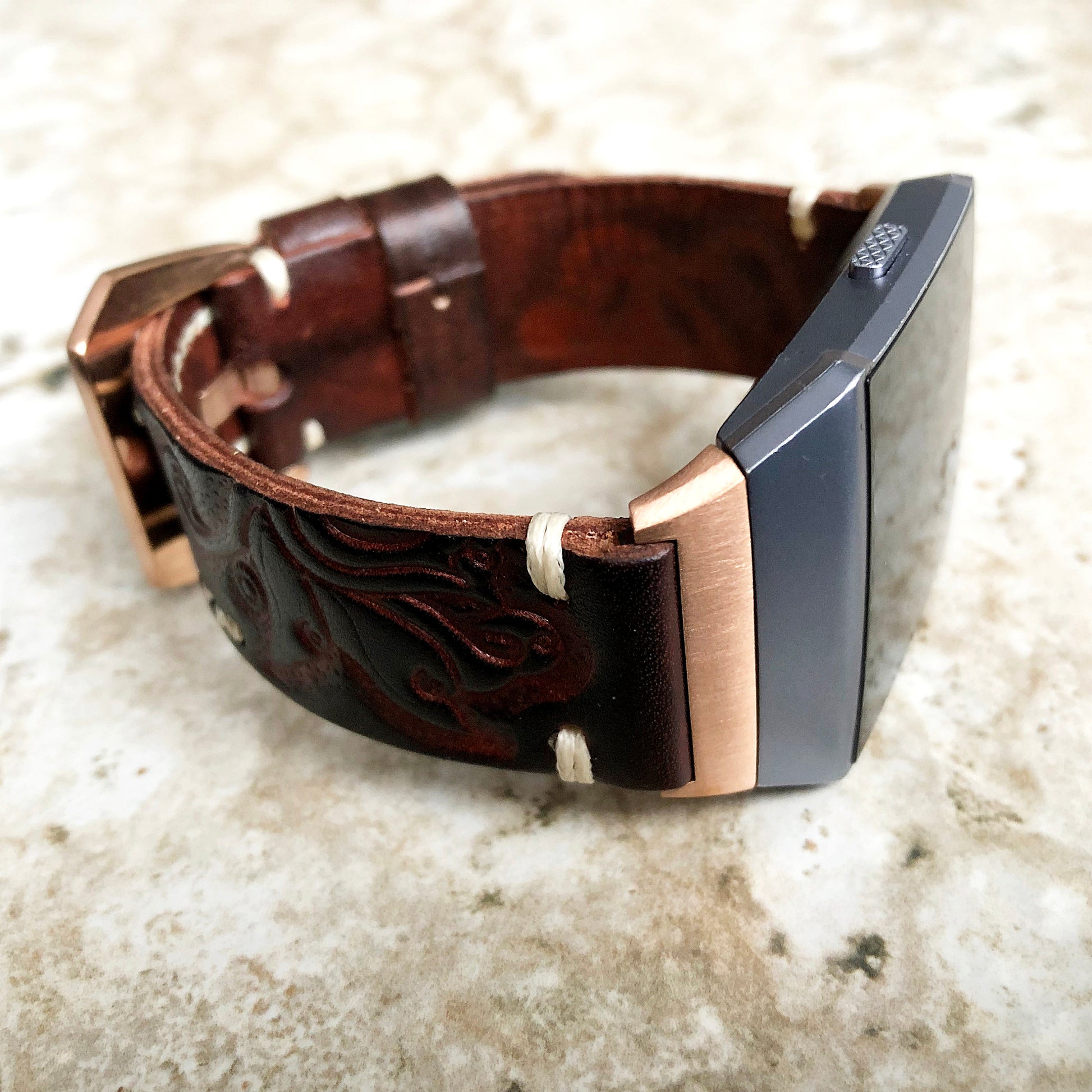 Fitbit Ionic Dark Brown Tooled Embossed Handmade Leather Bracelet for Watch Band Strap with Quick Release Adapters Silver Rose Gold Black
