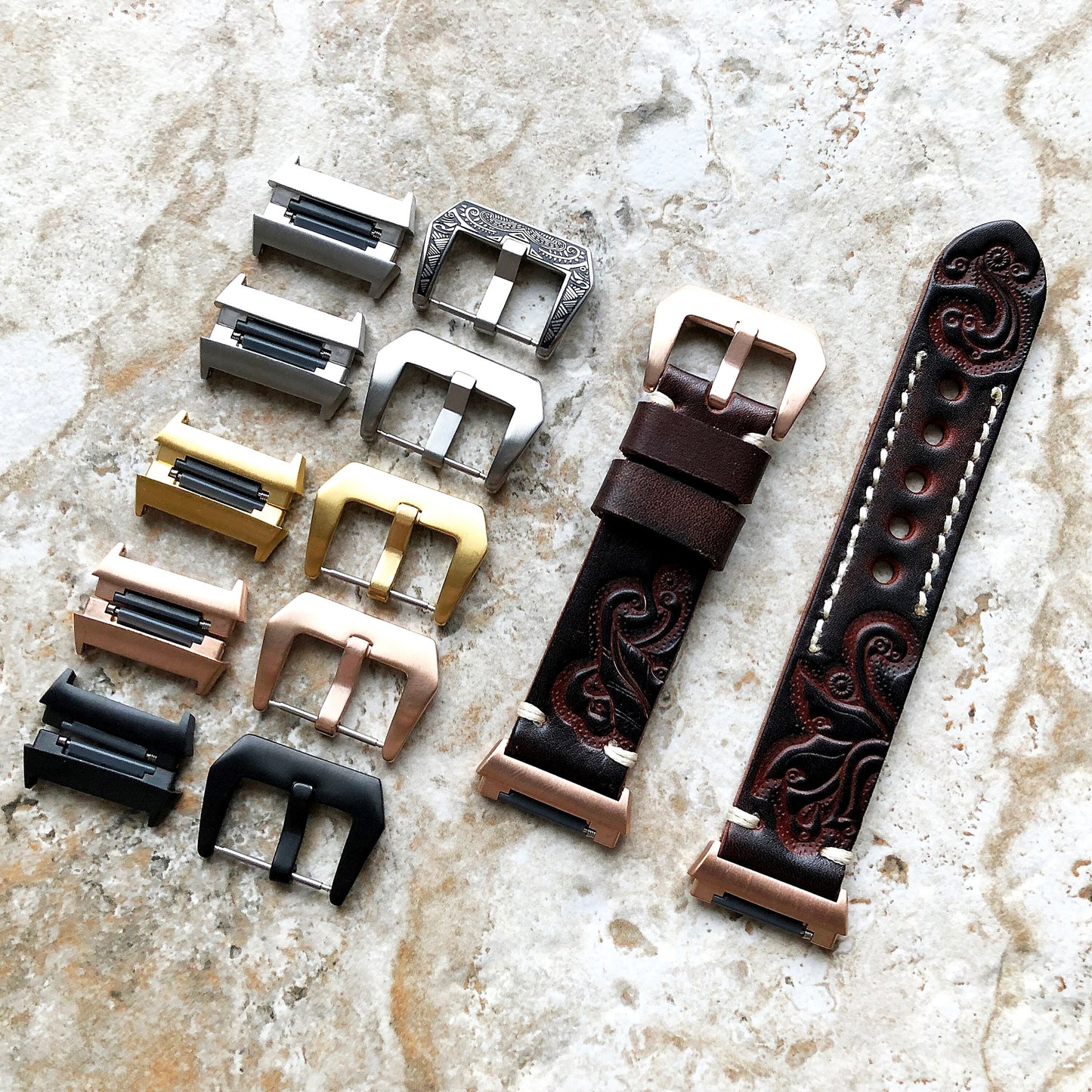 Fitbit Ionic Dark Brown Tooled Embossed Handmade Leather Bracelet for Watch Band Strap with Quick Release Adapters Silver Rose Gold Black