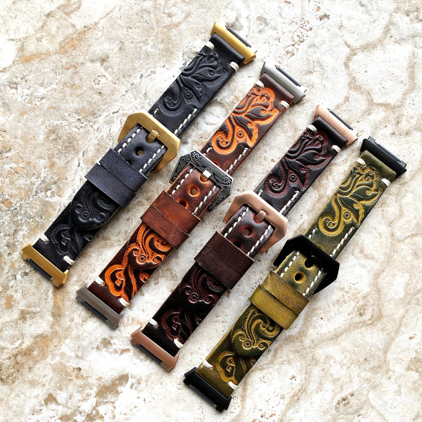 Fitbit Ionic Black Gray Tooled Embossed Handmade Leather Bracelet for Watch Band Strap with Quick Release Adapters Silver Rose Gold Black