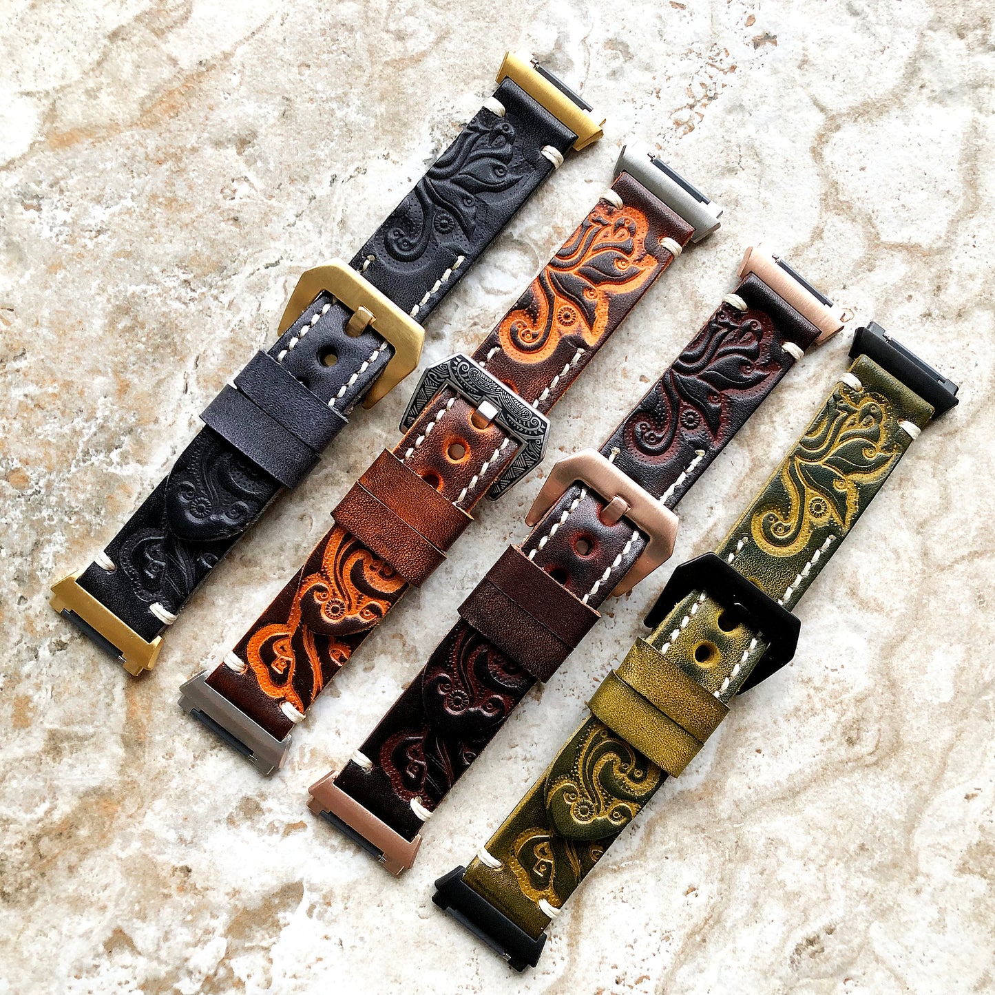 Fitbit Ionic Dark Brown Tooled Embossed Handmade Leather Bracelet for Watch Band Strap with Quick Release Adapters Silver Rose Gold Black