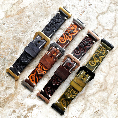 Fitbit Ionic Dark Brown Tooled Embossed Handmade Leather Bracelet for Watch Band Strap with Quick Release Adapters Silver Rose Gold Black