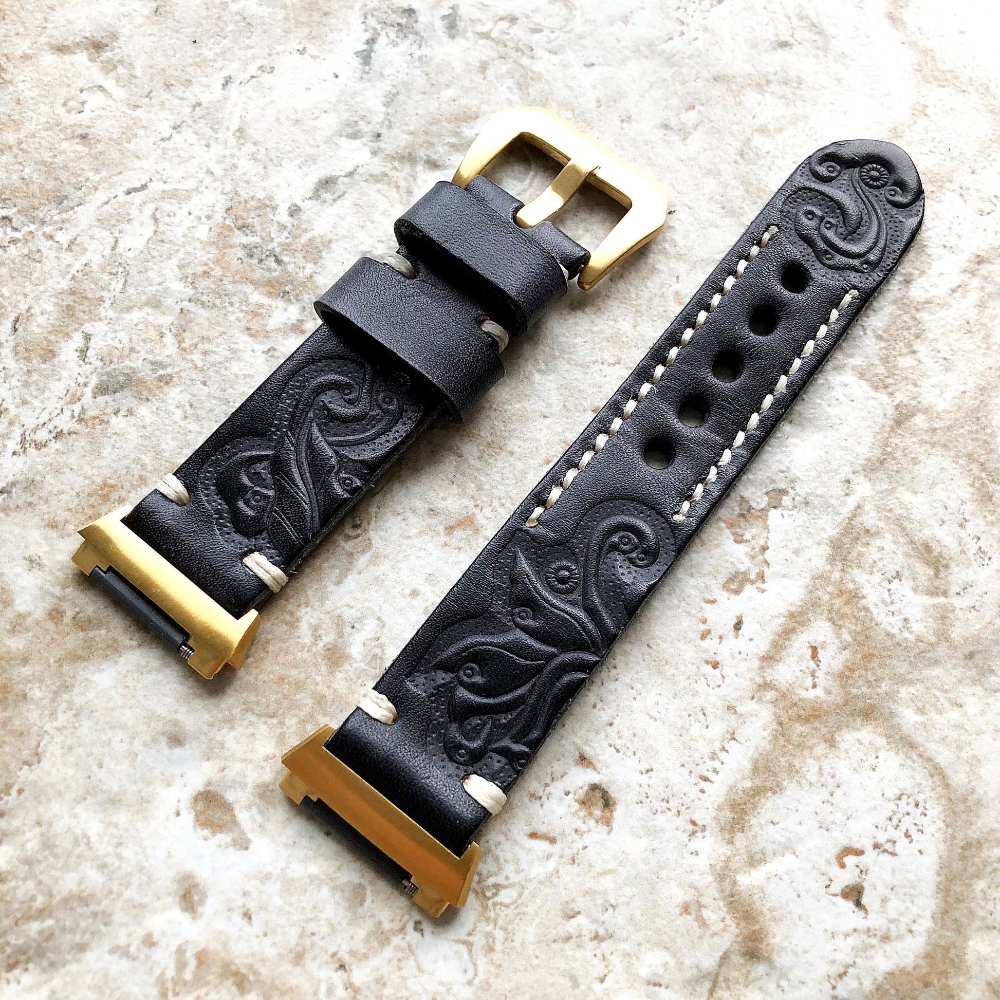 Fitbit Ionic Black Gray Tooled Embossed Handmade Leather Bracelet for Watch Band Strap with Quick Release Adapters Silver Rose Gold Black