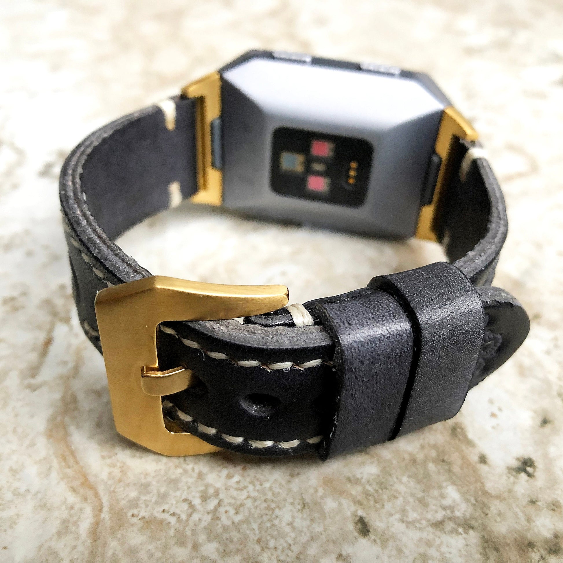 Fitbit Ionic Black Gray Tooled Embossed Handmade Leather Bracelet for Watch Band Strap with Quick Release Adapters Silver Rose Gold Black