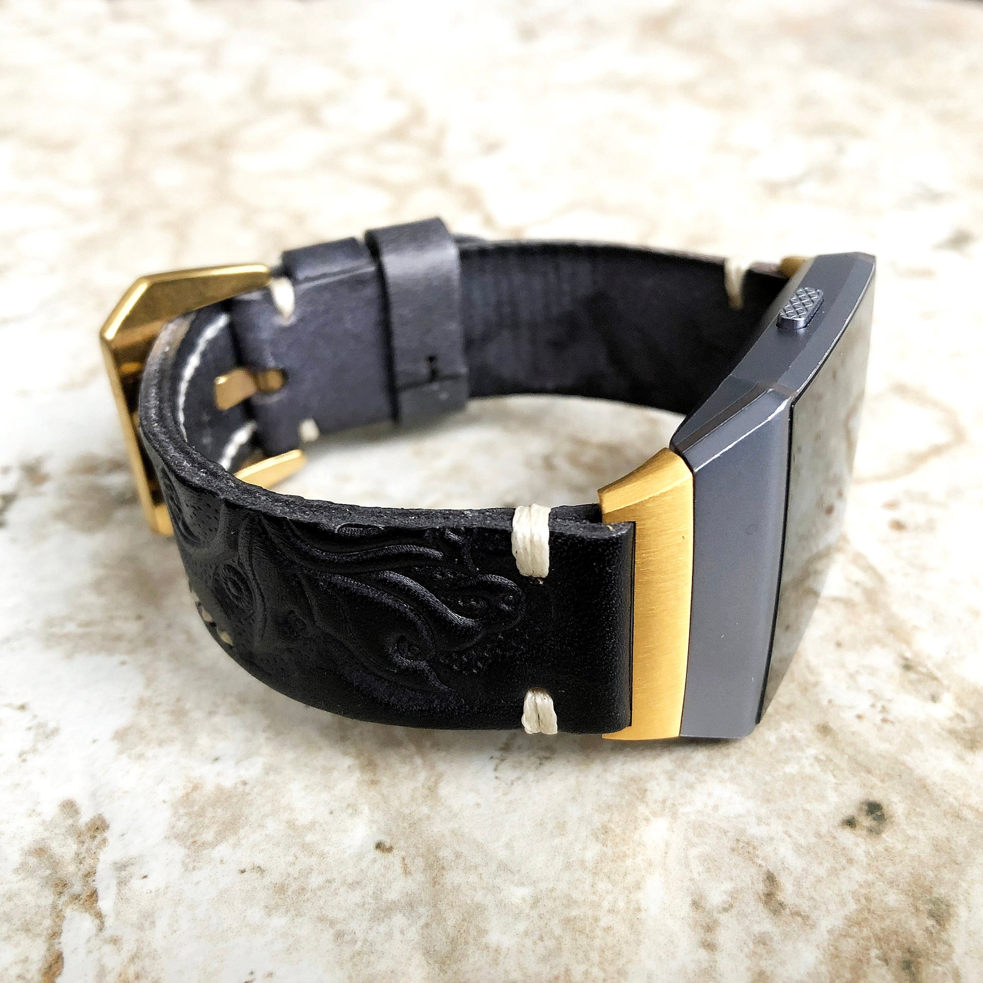 Fitbit Ionic Black Gray Tooled Embossed Handmade Leather Bracelet for Watch Band Strap with Quick Release Adapters Silver Rose Gold Black