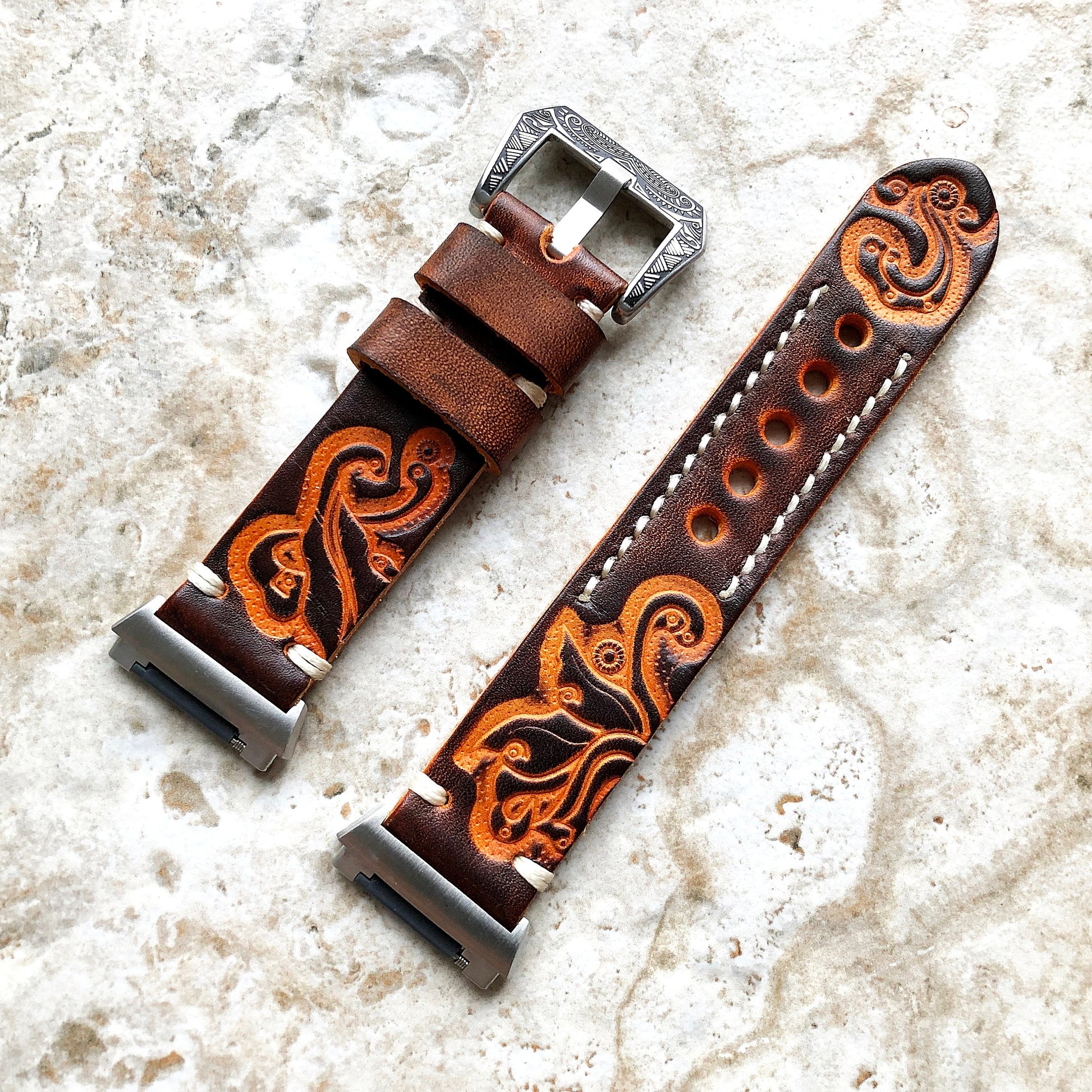 Fitbit Ionic Brown Orange Tooled Embossed Handmade Leather Bracelet for Watch Band Strap with Quick Release Adapters Silver Rose Gold Black