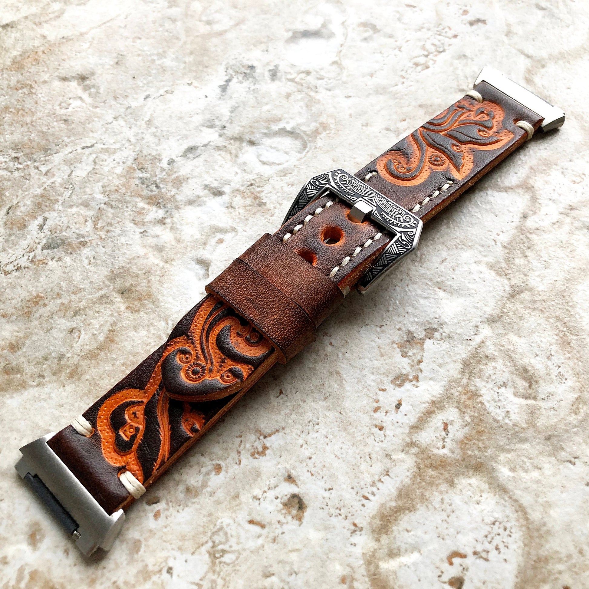 Fitbit Ionic Brown Orange Tooled Embossed Handmade Leather Bracelet for Watch Band Strap with Quick Release Adapters Silver Rose Gold Black