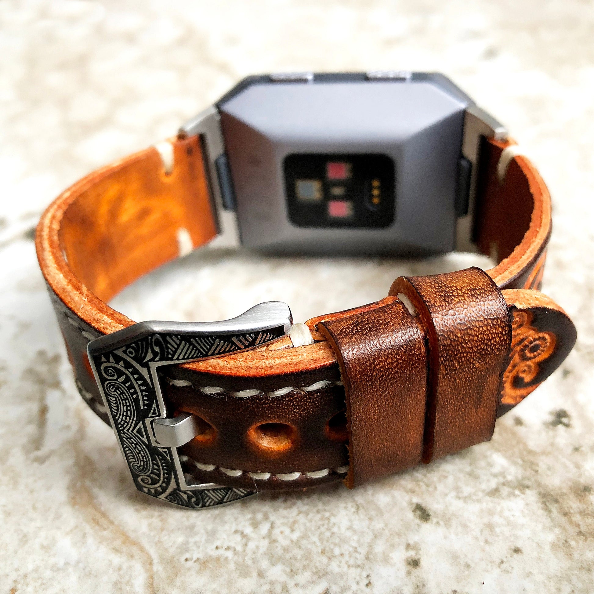 Fitbit Ionic Brown Orange Tooled Embossed Handmade Leather Bracelet for Watch Band Strap with Quick Release Adapters Silver Rose Gold Black