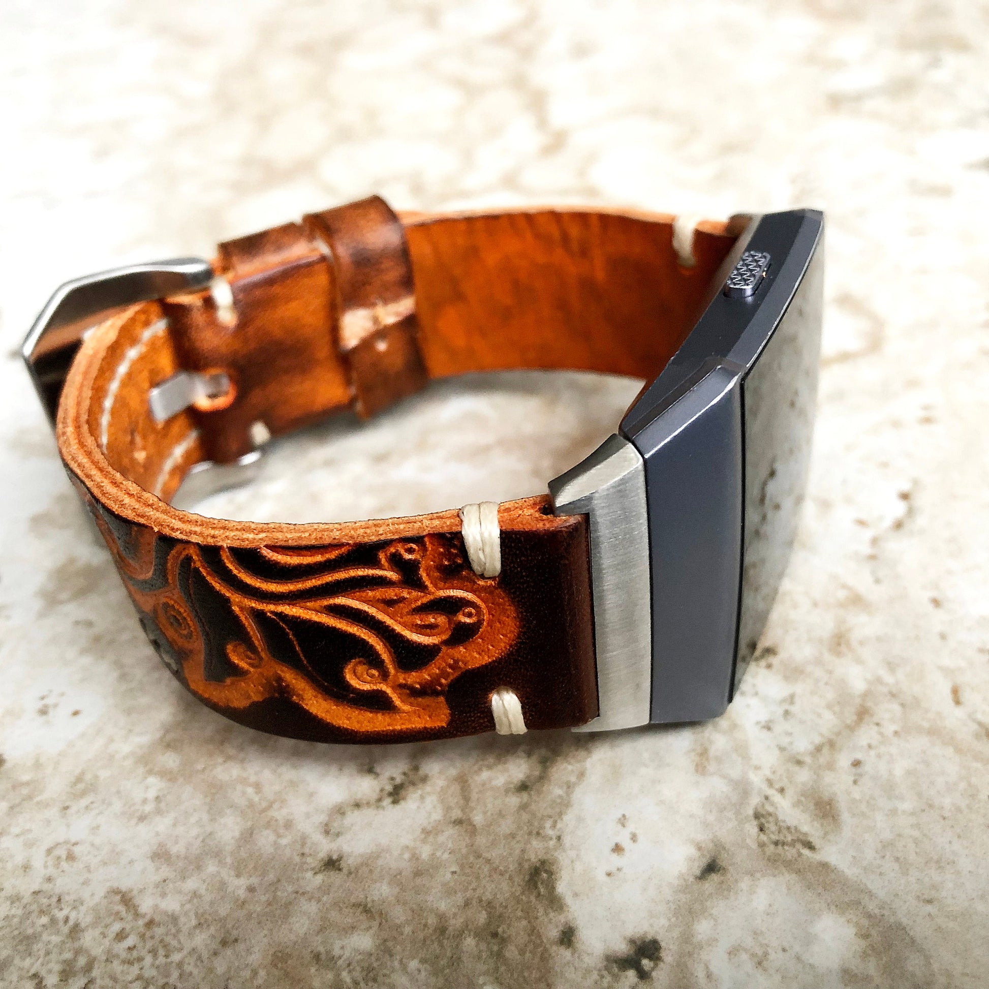 Fitbit Ionic Brown Orange Tooled Embossed Handmade Leather Bracelet for Watch Band Strap with Quick Release Adapters Silver Rose Gold Black