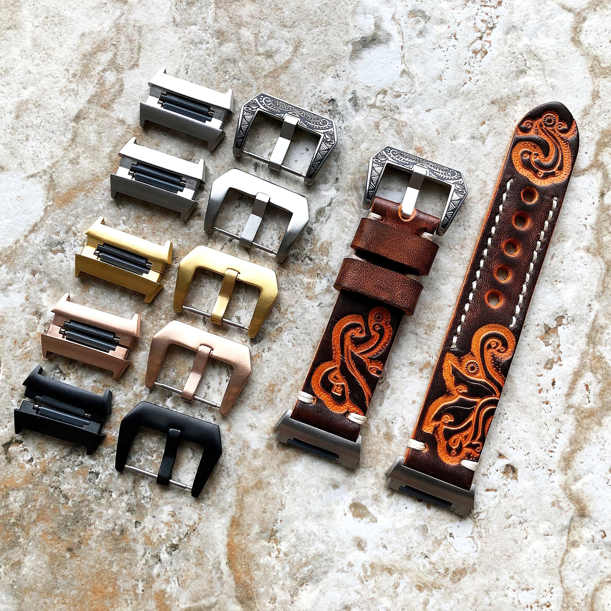Fitbit Ionic Brown Orange Tooled Embossed Handmade Leather Bracelet for Watch Band Strap with Quick Release Adapters Silver Rose Gold Black