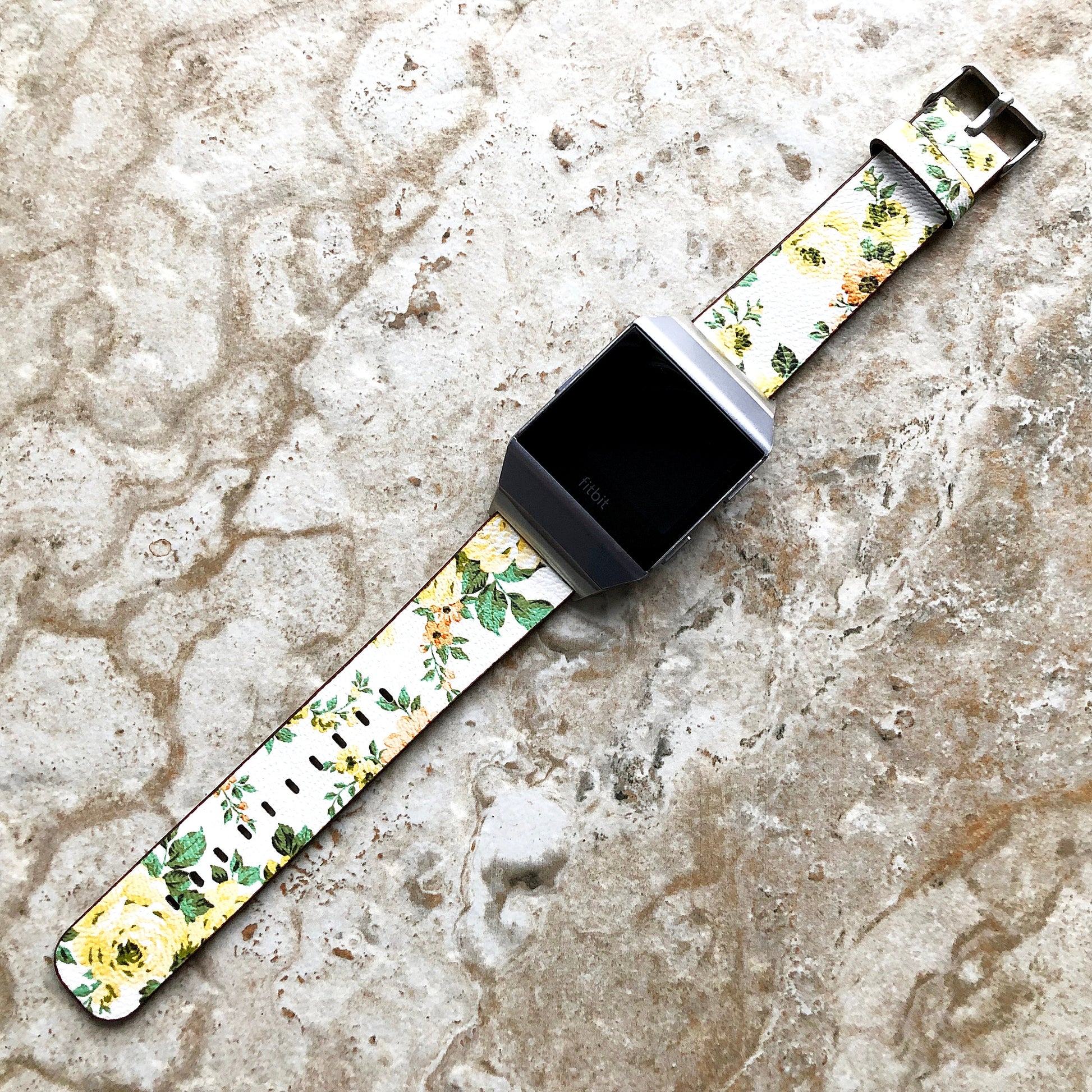 Fitbit Ionic Yellow Floral FL-1 Soft Leather Band Strap for Watch Band Strap with Quick Release Adapters in Silver Rose Gold Black