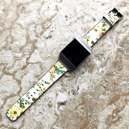 Fitbit Ionic Yellow Floral FL-1 Soft Leather Band Strap for Watch Band Strap with Quick Release Adapters in Silver Rose Gold Black