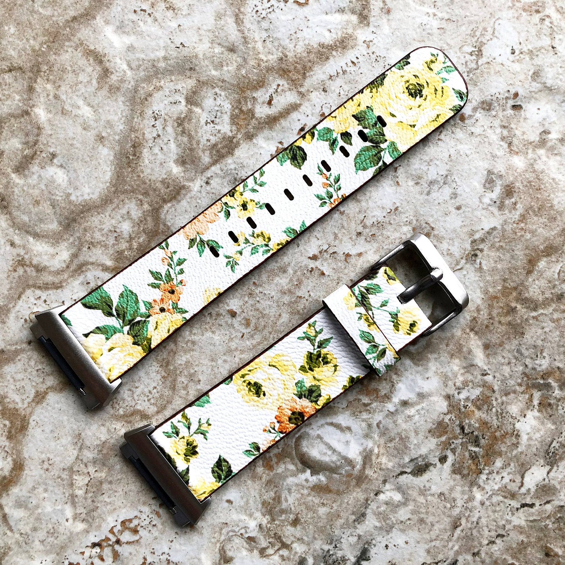 Fitbit Ionic Yellow Floral FL-1 Soft Leather Band Strap for Watch Band Strap with Quick Release Adapters in Silver Rose Gold Black