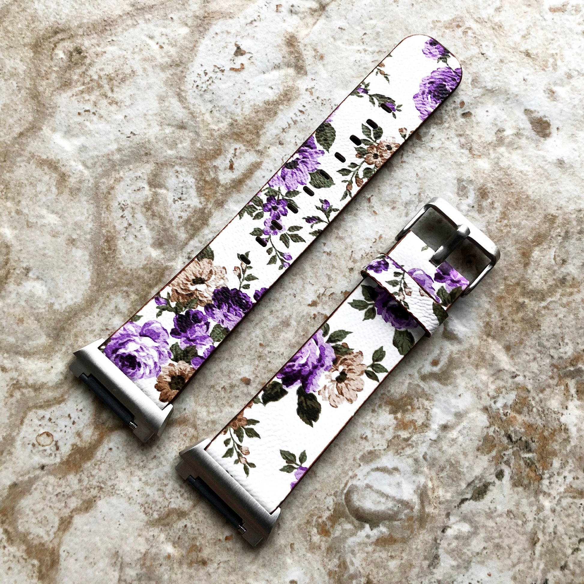 Fitbit Ionic Purple Floral FL-4 Soft Leather Band Strap for Watch Band Strap with Quick Release Adapters in Silver Rose Gold Black