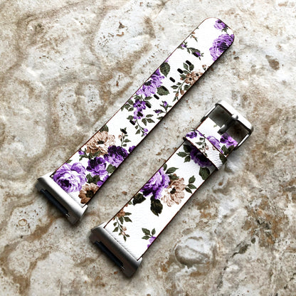 Fitbit Ionic Purple Floral FL-4 Soft Leather Band Strap for Watch Band Strap with Quick Release Adapters in Silver Rose Gold Black