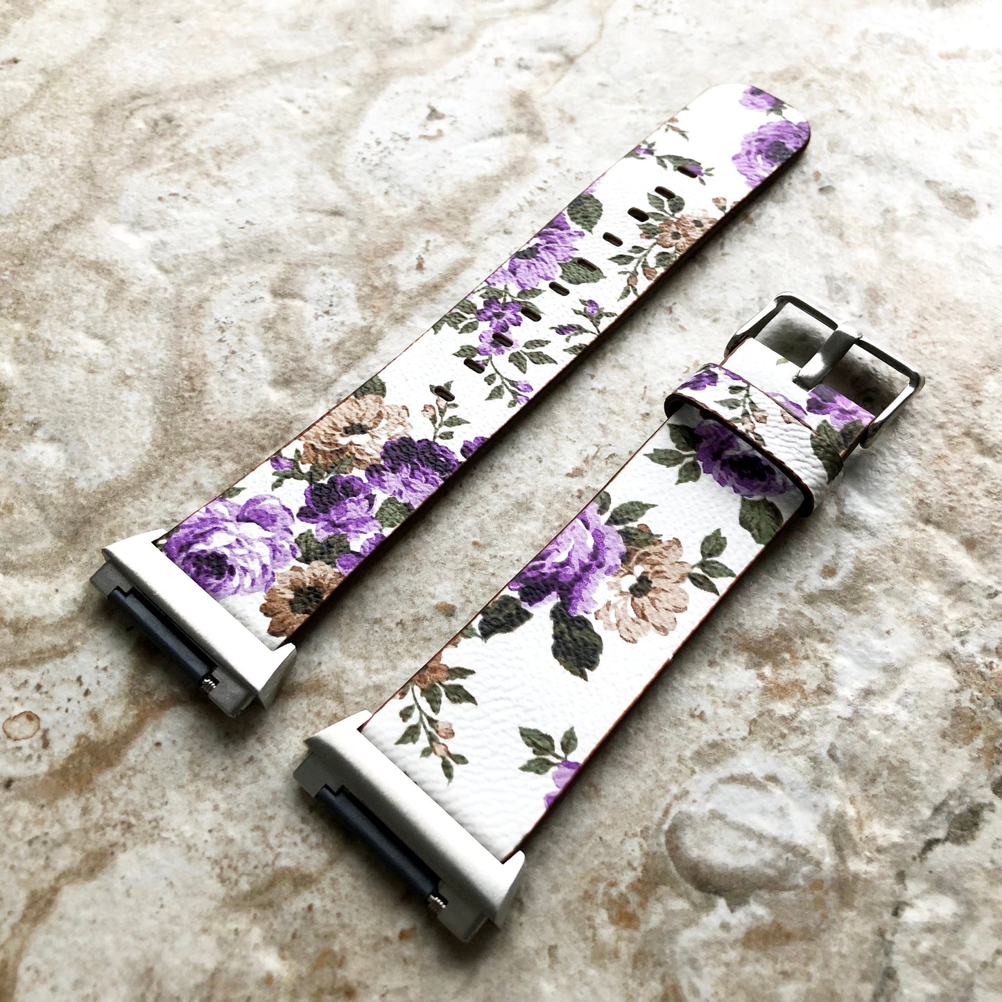 Fitbit Ionic Purple Floral FL-4 Soft Leather Band Strap for Watch Band Strap with Quick Release Adapters in Silver Rose Gold Black