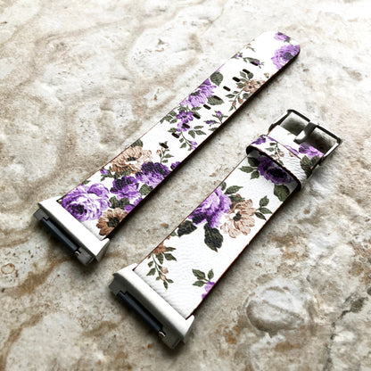 Fitbit Ionic Purple Floral FL-4 Soft Leather Band Strap for Watch Band Strap with Quick Release Adapters in Silver Rose Gold Black