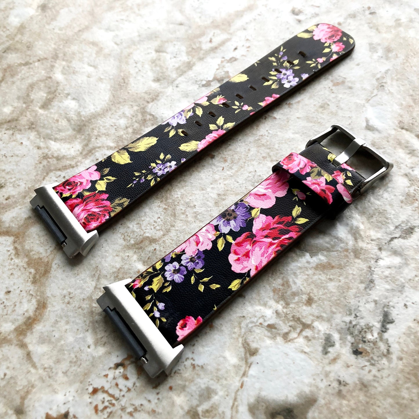 Fitbit Ionic Red Black Floral FL-5 Soft Leather Band Strap for Watch Band Strap with Quick Release Adapters in Silver Rose Gold Black