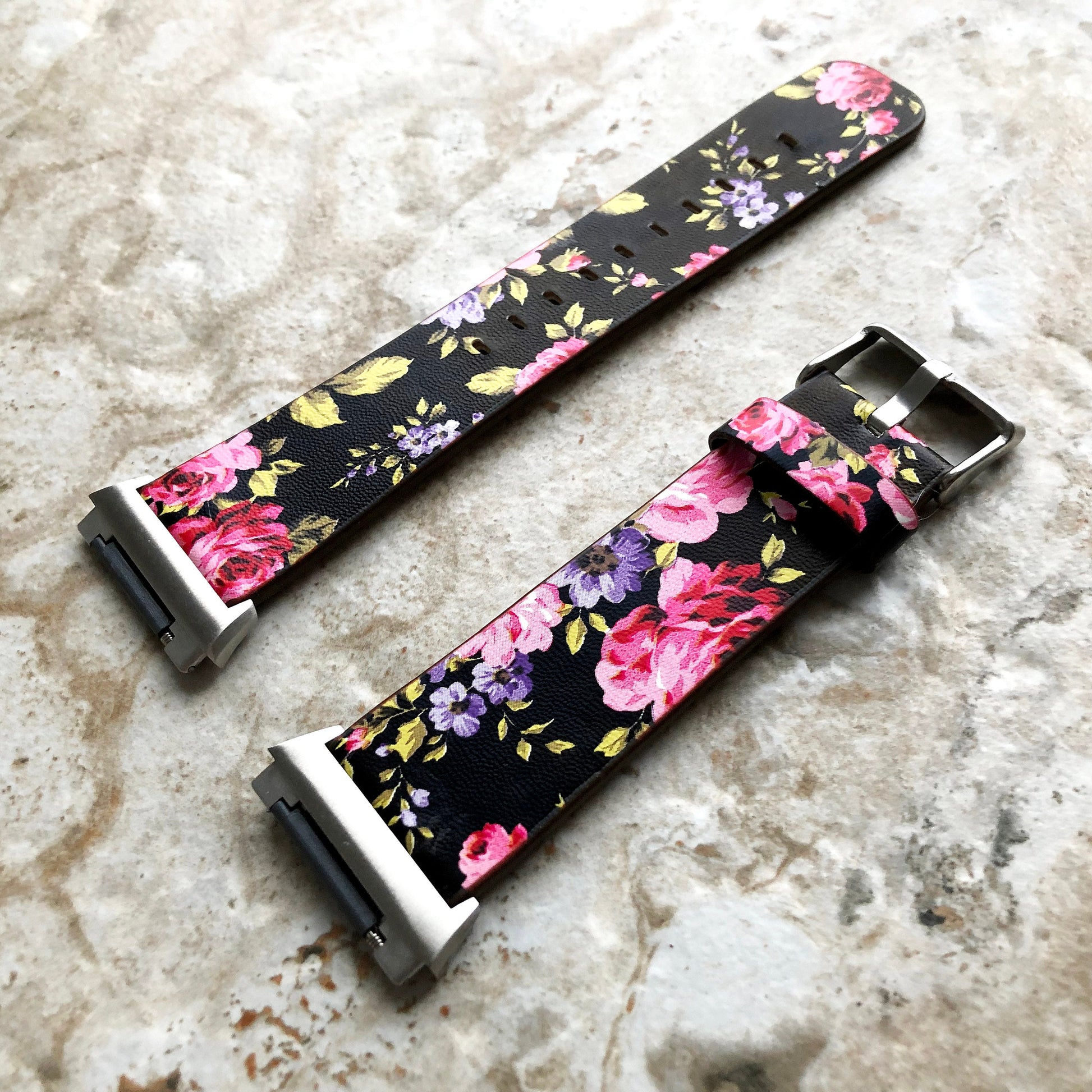Fitbit Ionic Red Black Floral FL-5 Soft Leather Band Strap for Watch Band Strap with Quick Release Adapters in Silver Rose Gold Black