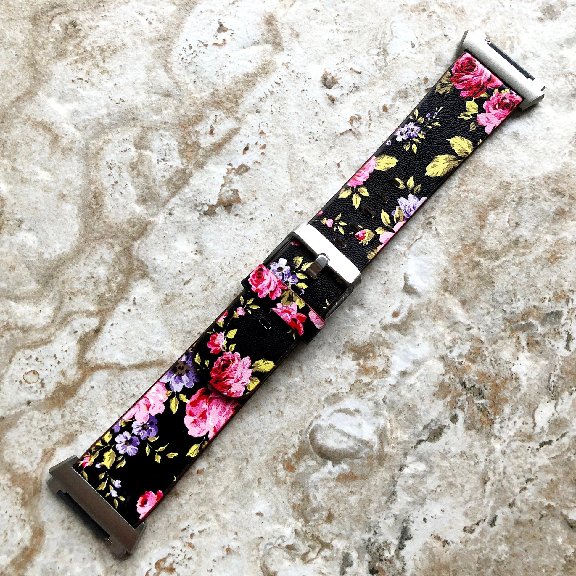 Fitbit Ionic Red Black Floral FL-5 Soft Leather Band Strap for Watch Band Strap with Quick Release Adapters in Silver Rose Gold Black
