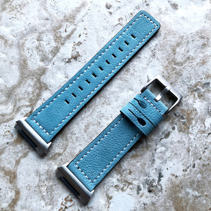 Fitbit Ionic Light Blue Soft Leather Band Strap with White Stitches for Watch Band Strap Quick Release Adapters in Silver Rose Gold Black