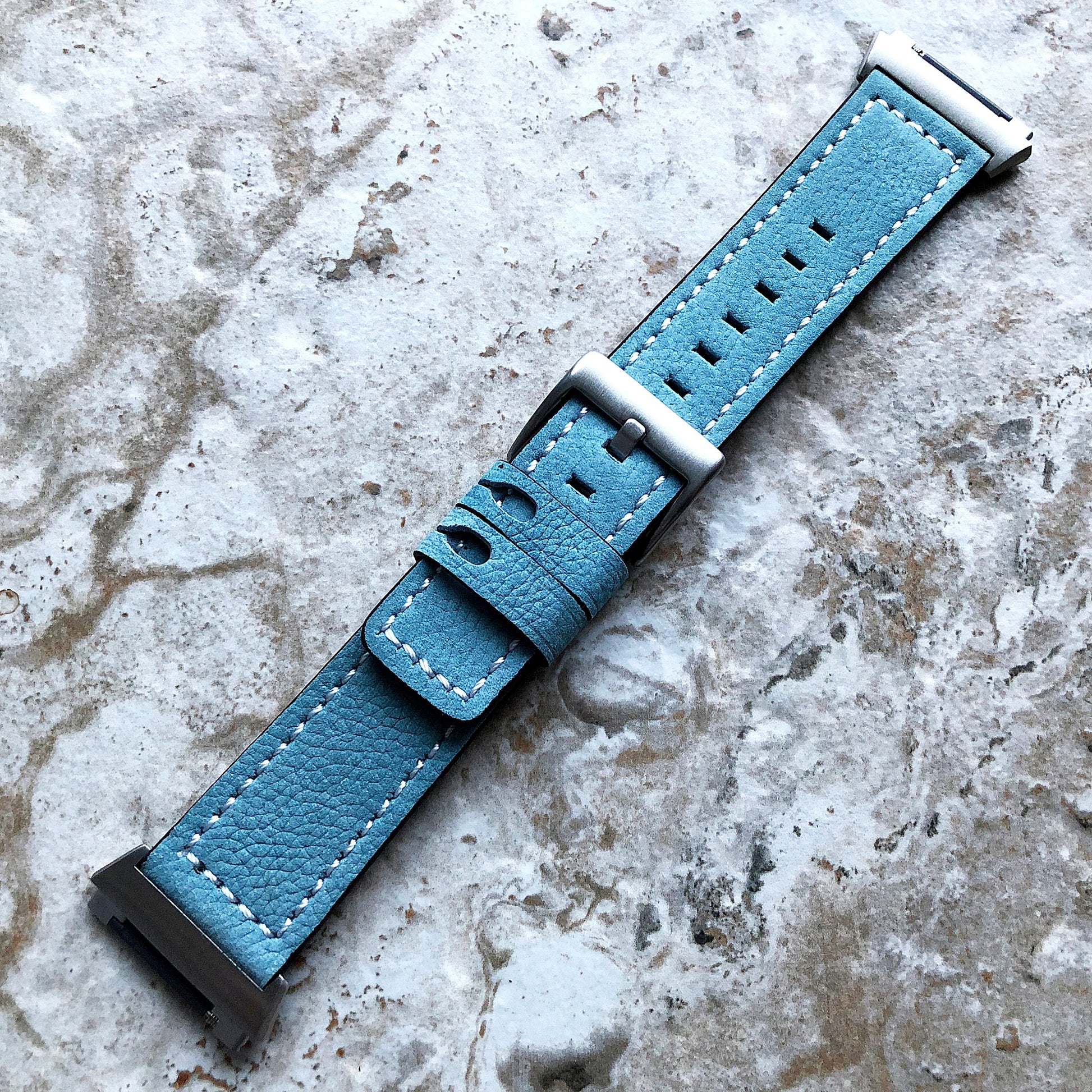 Fitbit Ionic Light Blue Soft Leather Band Strap with White Stitches for Watch Band Strap Quick Release Adapters in Silver Rose Gold Black