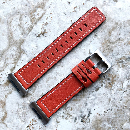 Fitbit Ionic Dark Orange Soft Leather Band Strap with White Stitches for Watch Band Strap Quick Release Adapters in Silver Rose Gold Black