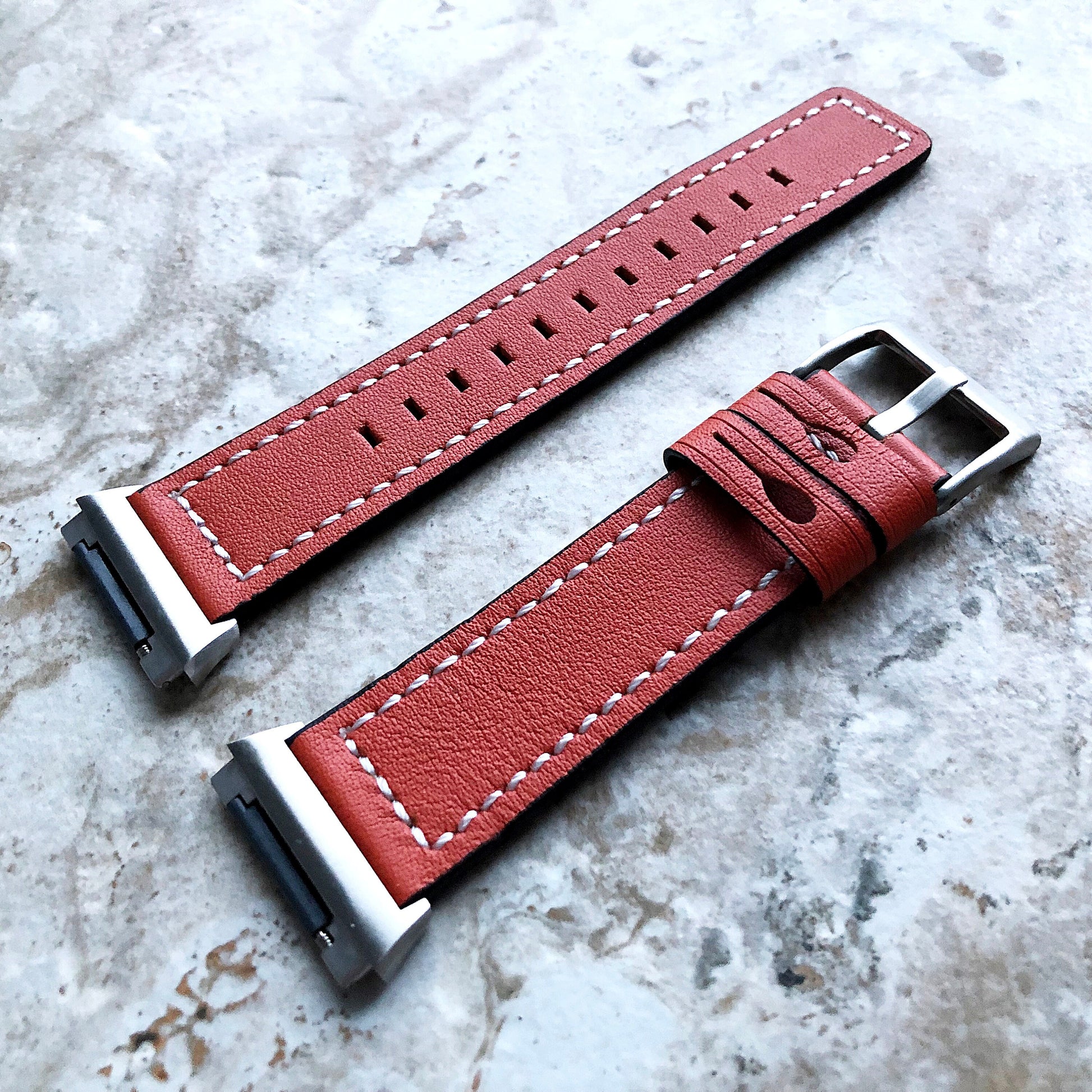 Fitbit Ionic Dark Orange Soft Leather Band Strap with White Stitches for Watch Band Strap Quick Release Adapters in Silver Rose Gold Black