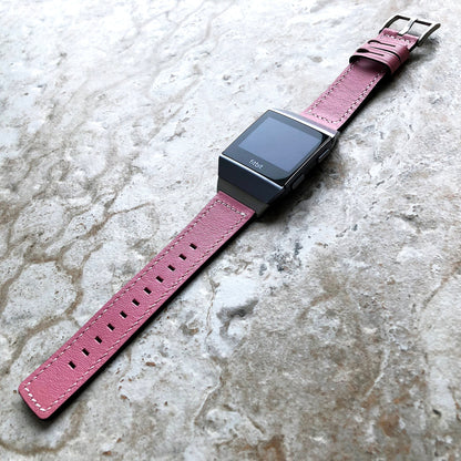 Fitbit Ionic Pink Color Soft Leather Band Strap with White Stitches for Watch Band Strap Quick Release Adapters in Silver Rose Gold Black