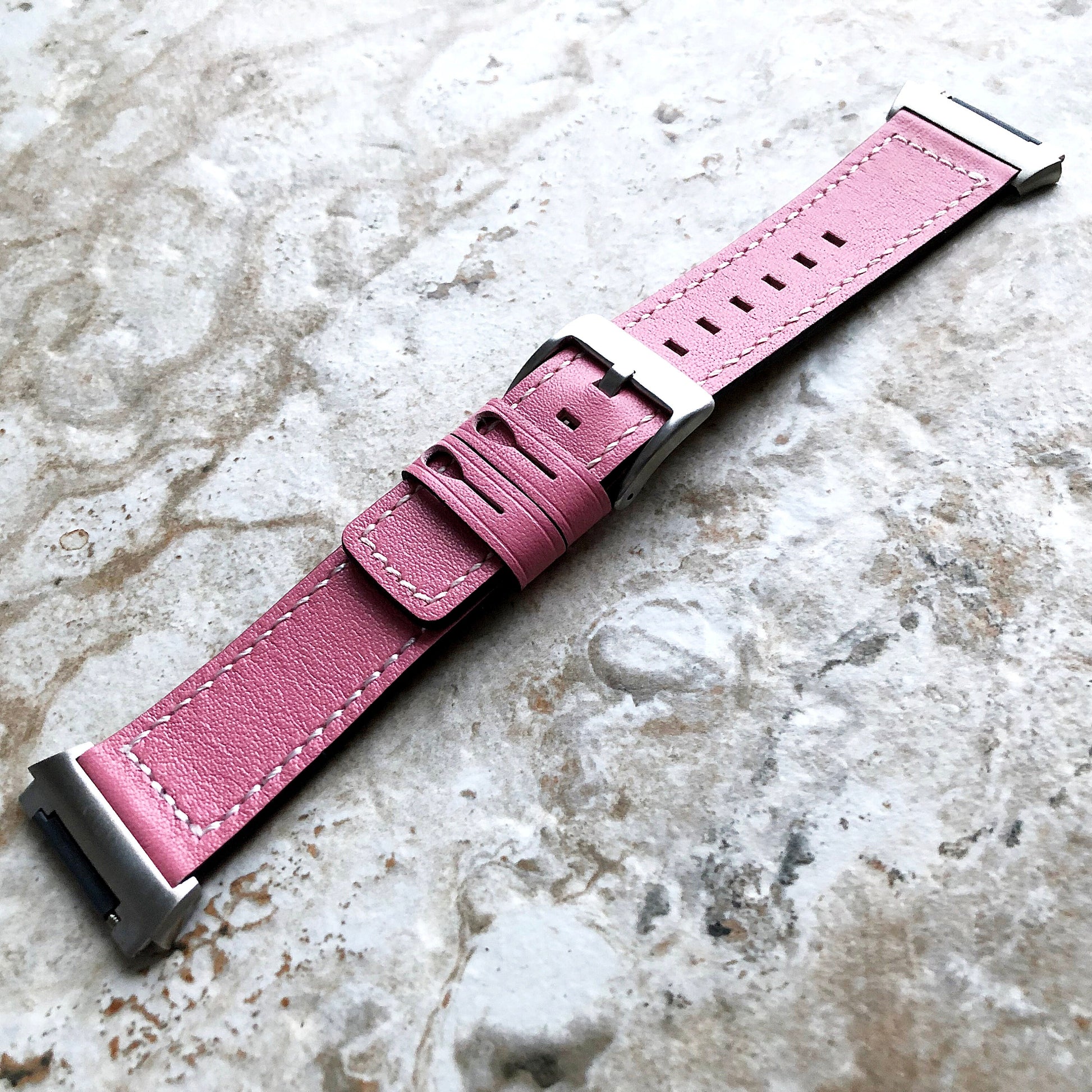Fitbit Ionic Pink Color Soft Leather Band Strap with White Stitches for Watch Band Strap Quick Release Adapters in Silver Rose Gold Black