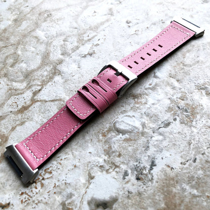 Fitbit Ionic Pink Color Soft Leather Band Strap with White Stitches for Watch Band Strap Quick Release Adapters in Silver Rose Gold Black