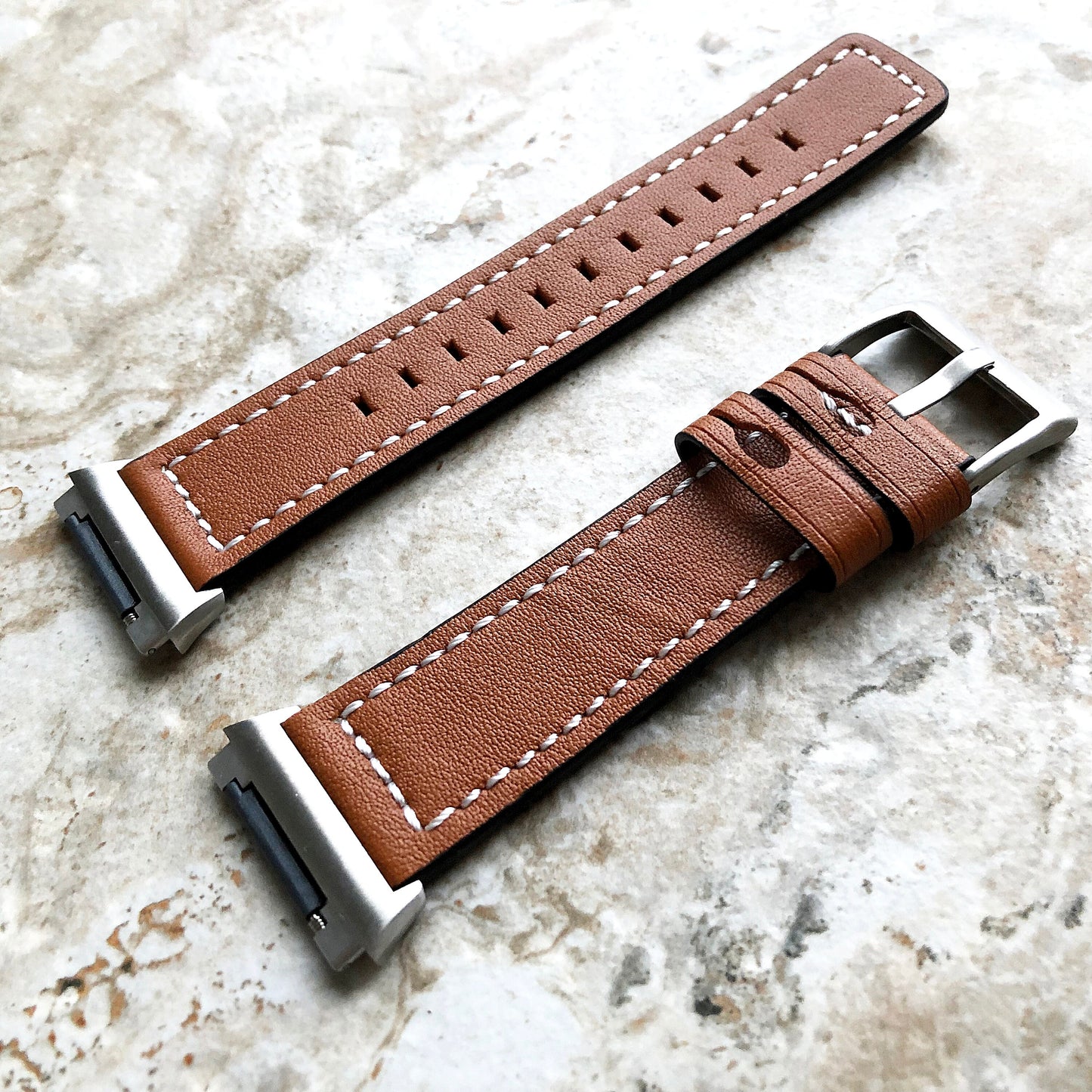 Fitbit Ionic Brown Color Soft Leather Band Strap with White Stitches for Watch Band Strap Quick Release Adapters in Silver Rose Gold Black
