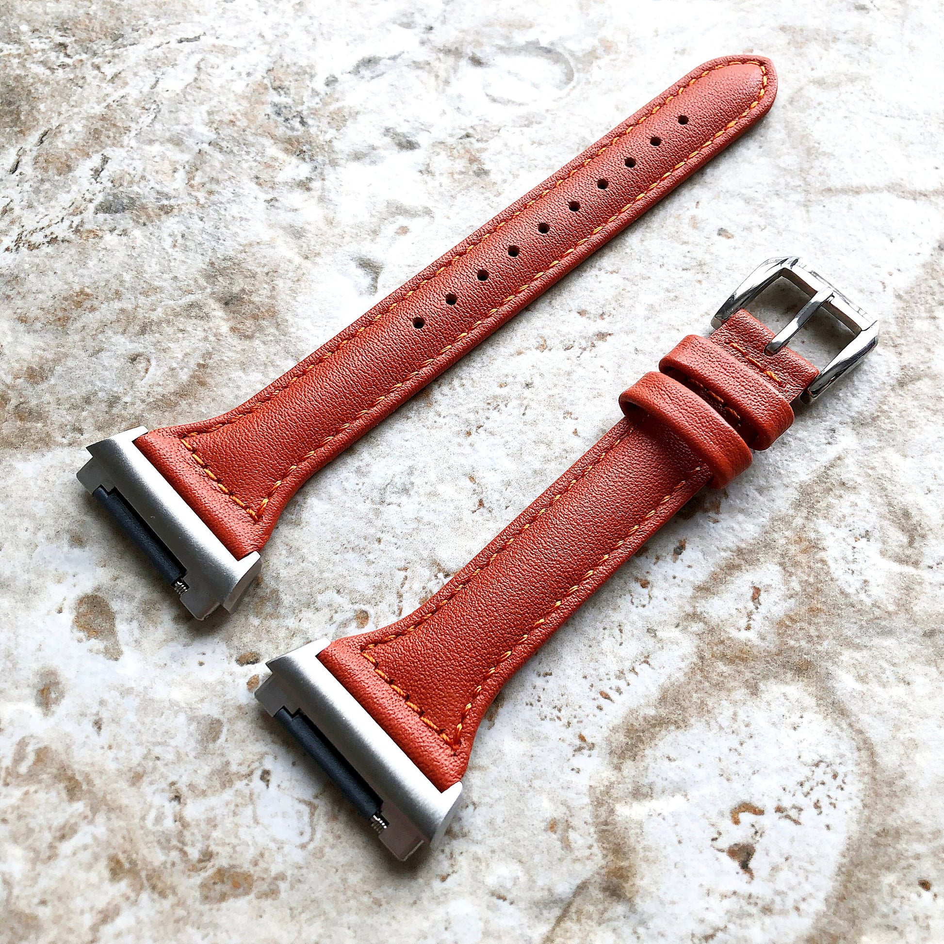 Fitbit Ionic Dark Orange Color Slim Elegant Soft Leather Band Strap Bracelet for Smartwatch Quick Release Adapters in Silver Rose Gold Black