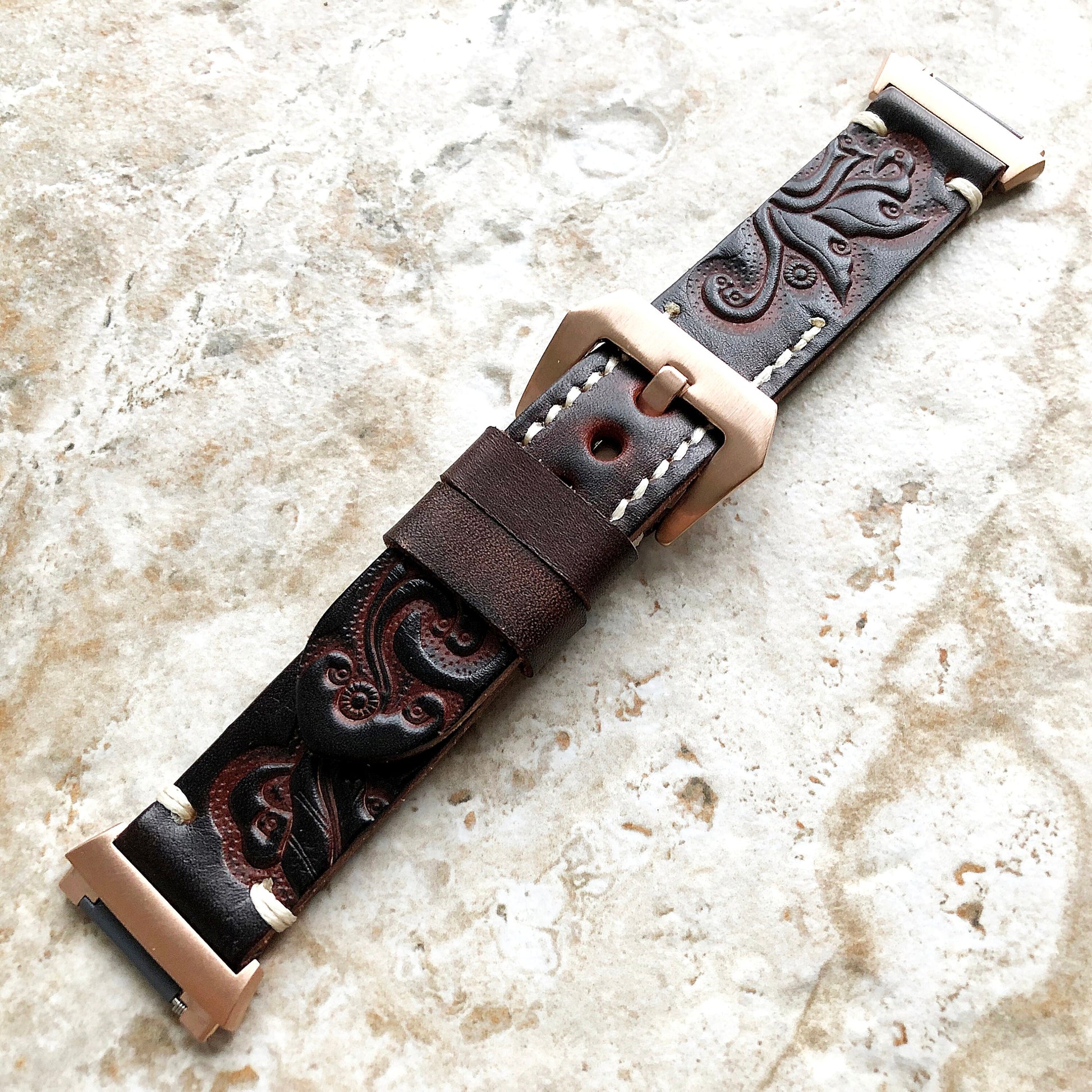 Fitbit Ionic Dark Brown Tooled Embossed Handmade Leather Bracelet for Watch Band Strap with Quick Release Adapters Silver Rose Gold Black