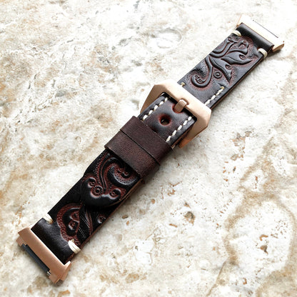 Fitbit Ionic Dark Brown Tooled Embossed Handmade Leather Bracelet for Watch Band Strap with Quick Release Adapters Silver Rose Gold Black
