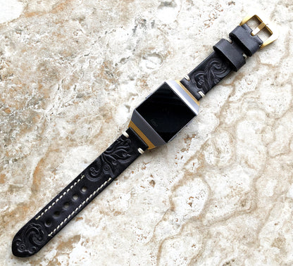 Fitbit Ionic Black Gray Tooled Embossed Handmade Leather Bracelet for Watch Band Strap with Quick Release Adapters Silver Rose Gold Black