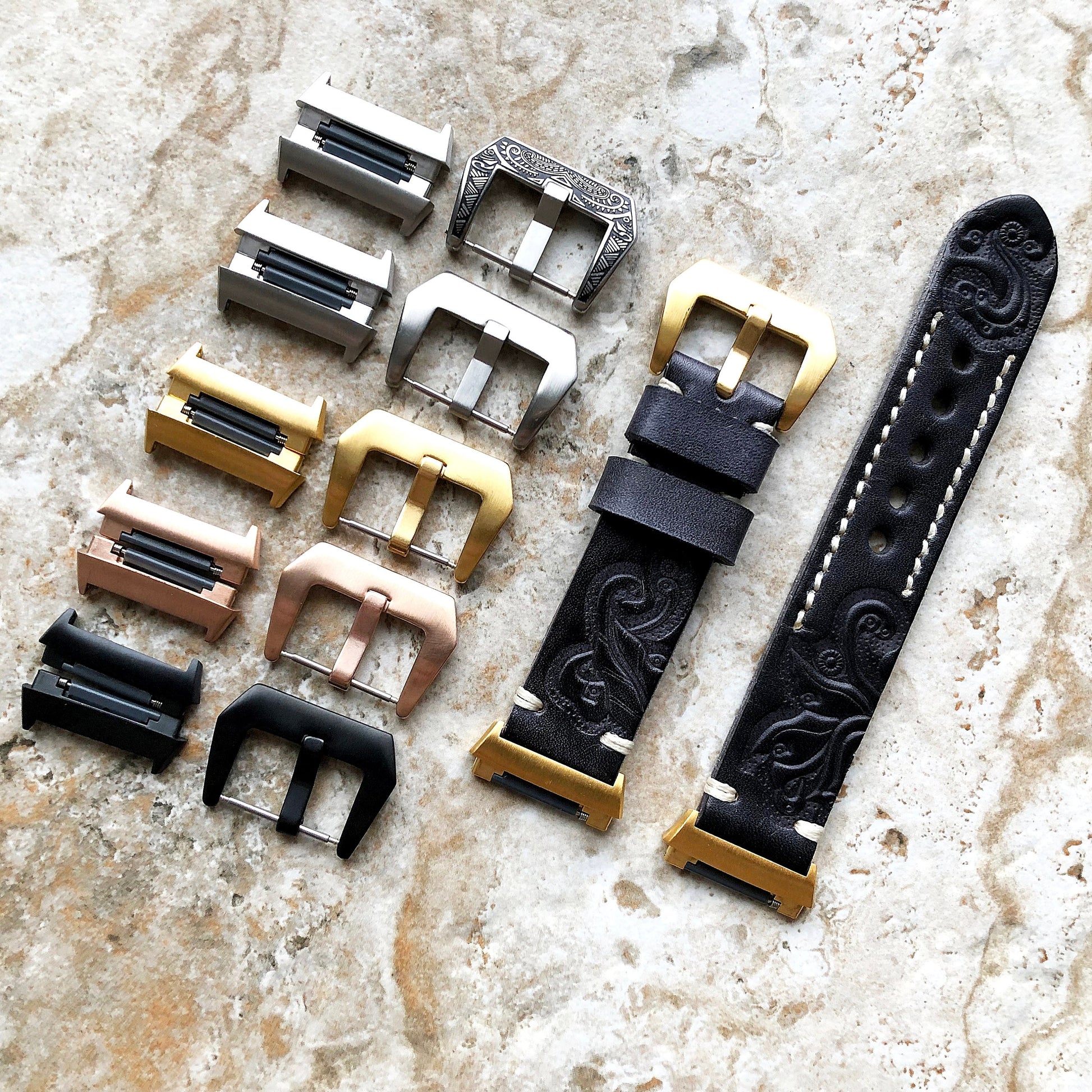 Fitbit Ionic Black Gray Tooled Embossed Handmade Leather Bracelet for Watch Band Strap with Quick Release Adapters Silver Rose Gold Black