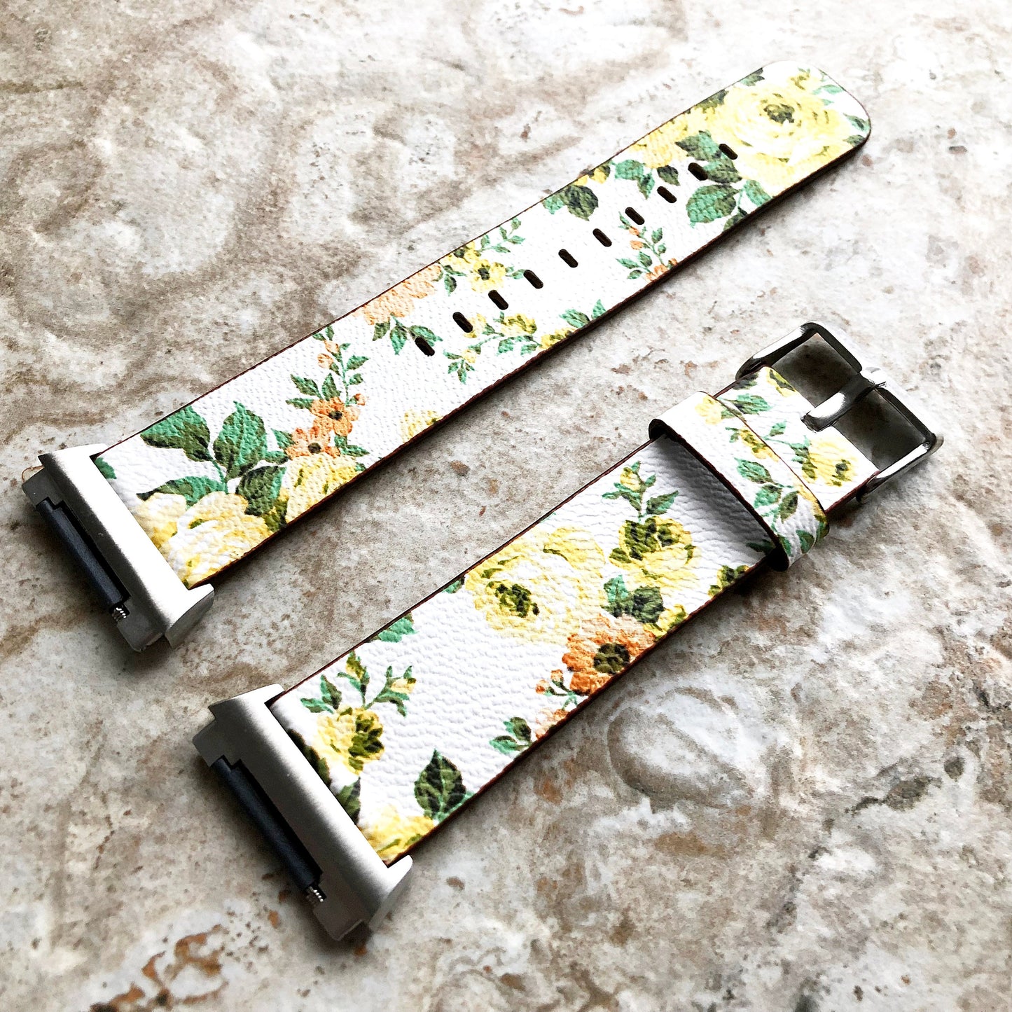 Fitbit Ionic Yellow Floral FL-1 Soft Leather Band Strap for Watch Band Strap with Quick Release Adapters in Silver Rose Gold Black