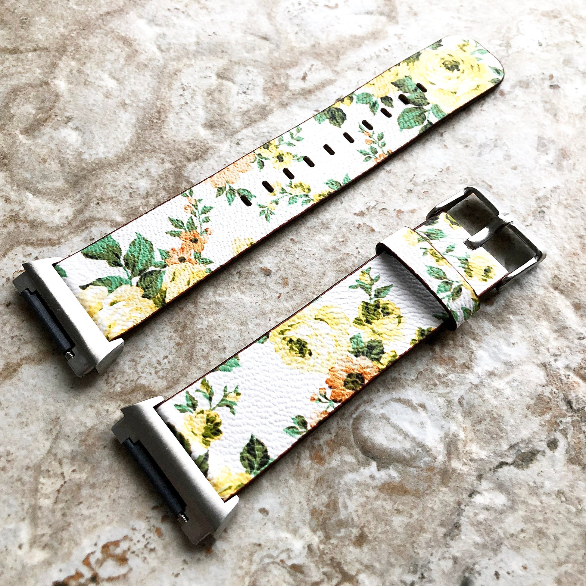 Fitbit Ionic Yellow Floral FL-1 Soft Leather Band Strap for Watch Band Strap with Quick Release Adapters in Silver Rose Gold Black