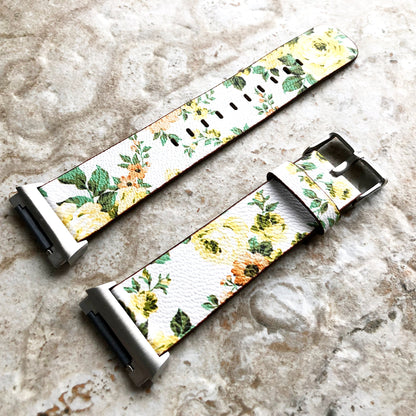 Fitbit Ionic Yellow Floral FL-1 Soft Leather Band Strap for Watch Band Strap with Quick Release Adapters in Silver Rose Gold Black