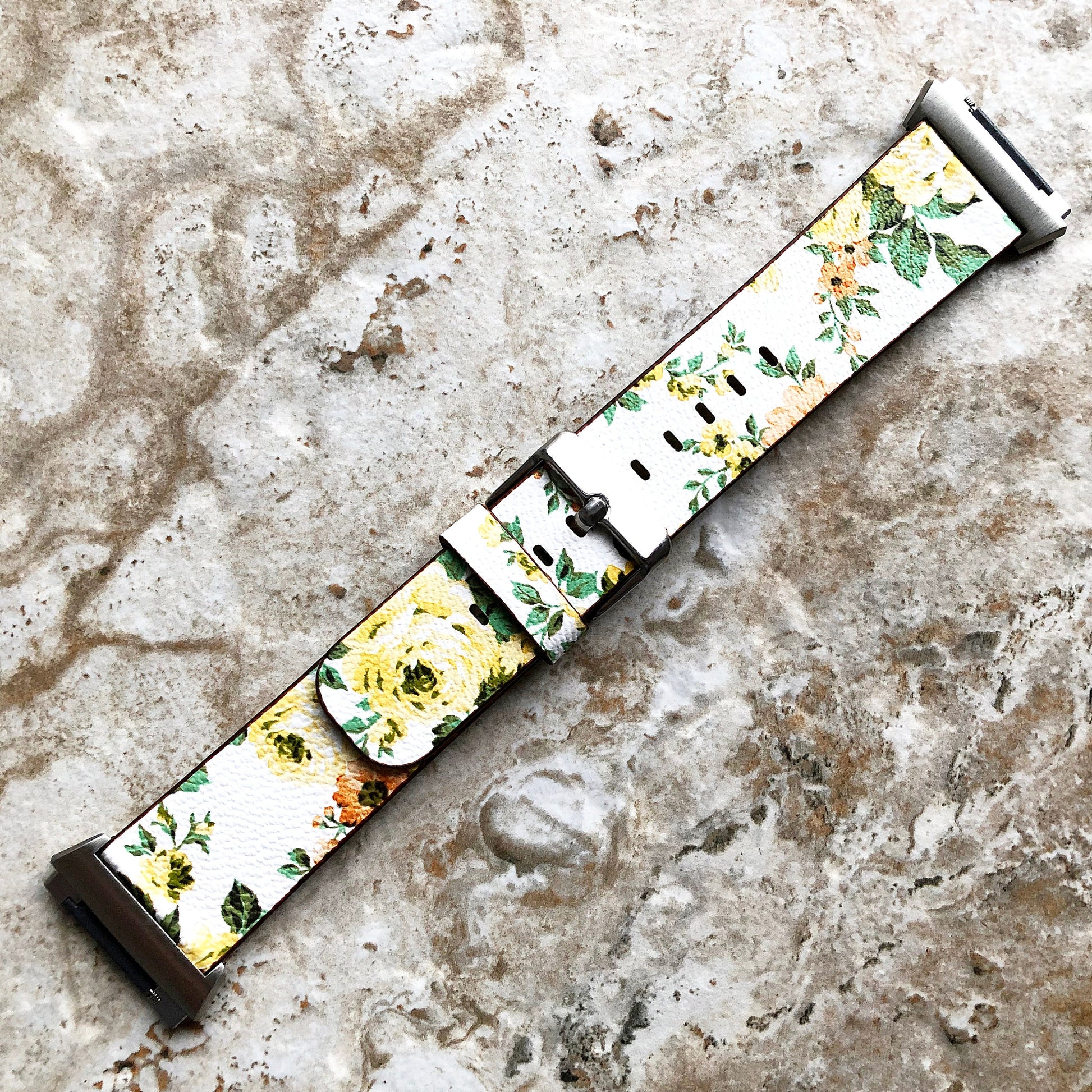 Fitbit Ionic Yellow Floral FL-1 Soft Leather Band Strap for Watch Band Strap with Quick Release Adapters in Silver Rose Gold Black