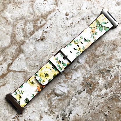 Fitbit Ionic Yellow Floral FL-1 Soft Leather Band Strap for Watch Band Strap with Quick Release Adapters in Silver Rose Gold Black