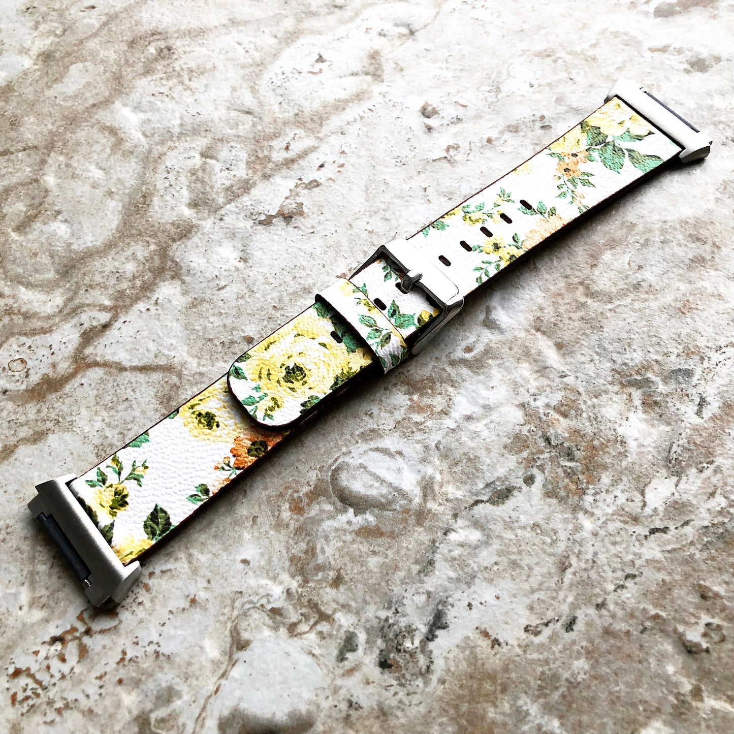 Fitbit Ionic Yellow Floral FL-1 Soft Leather Band Strap for Watch Band Strap with Quick Release Adapters in Silver Rose Gold Black