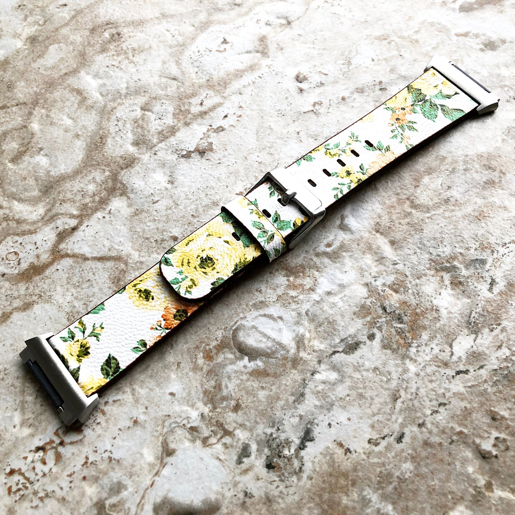 Fitbit Ionic Yellow Floral FL-1 Soft Leather Band Strap for Watch Band Strap with Quick Release Adapters in Silver Rose Gold Black