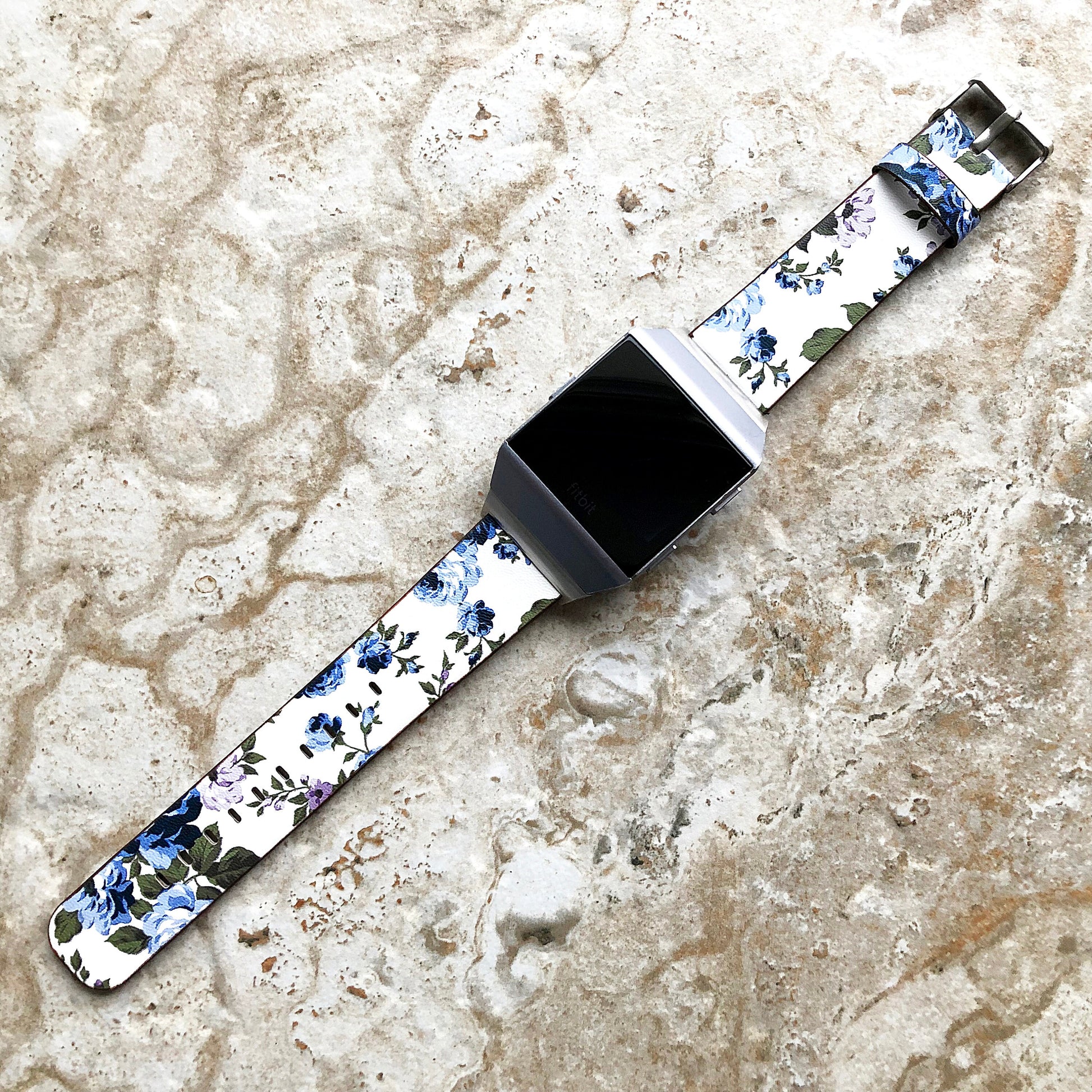 Fitbit Ionic Blue Floral FL-2 Soft Leather Band Strap for Watch Band Strap with Quick Release Adapters in Silver Rose Gold Black