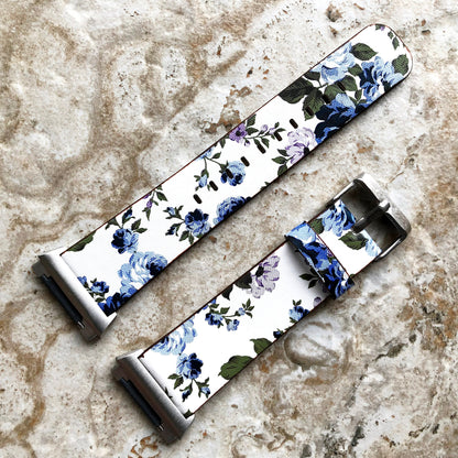 Fitbit Ionic Blue Floral FL-2 Soft Leather Band Strap for Watch Band Strap with Quick Release Adapters in Silver Rose Gold Black