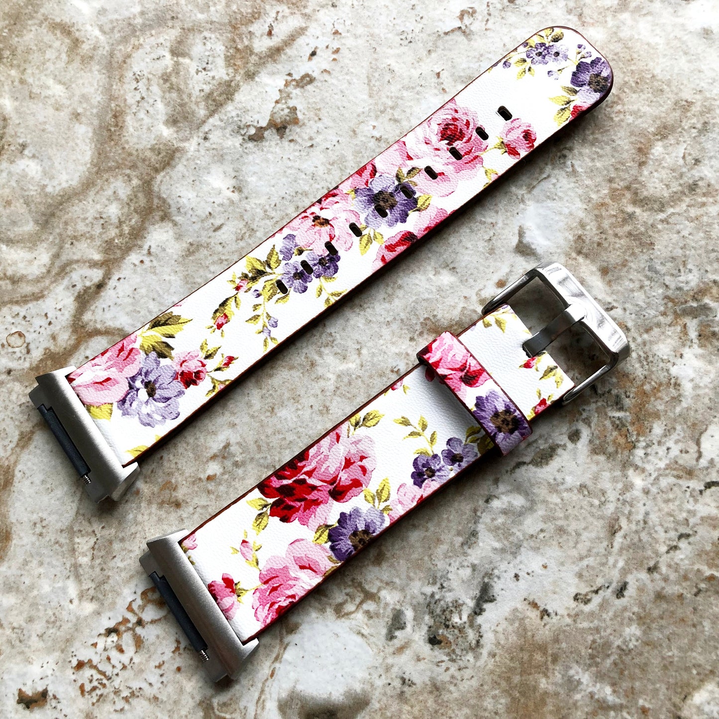 Fitbit Ionic Red Floral FL-3 Soft Leather Band Strap for Watch Band Strap with Quick Release Adapters in Silver Rose Gold Black